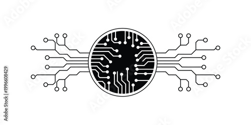 Technology circuit board vector icon with electronic pathways and chip connection symbol for digital computing and futuristic innovation design