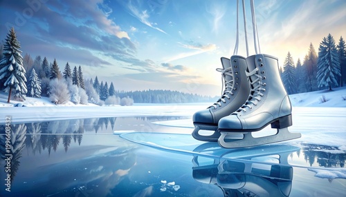 Ice Skates on Frozen Lake Winter Scene.