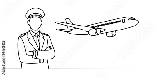 Continuous one line drawing of a professional airplane pilot standing with arms crossed next to a flying passenger jet aircraft Vector, illustration