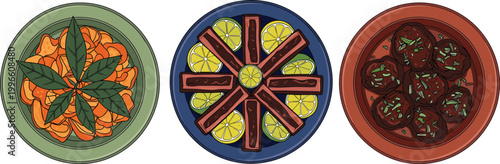 Принти на полотні Colorful Dishes with Fresh Vegetables, Spices, and Herbs in Bowl, Cartoon Style