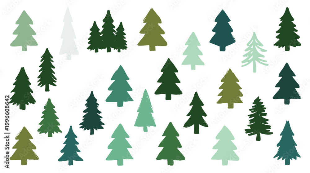Obraz premium Collection of stylized evergreen trees in various shades of green and white, perfect for winter holiday and nature designs