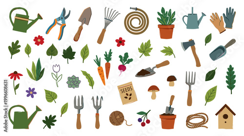 Gardening tools and plants collection for outdoor hobby and home garden care with watering cans, trowels, rake, hose, and potted flowers