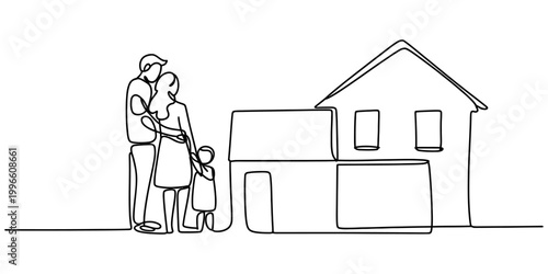Happy family with child standing together in front of their new house drawn in a simple continuous single line art style design Vector, illustration
