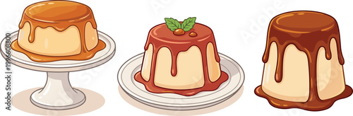 Set of Caramel Flan Dessert Vector Illustrations on Plates for Sweet Treats and Dessert Designs