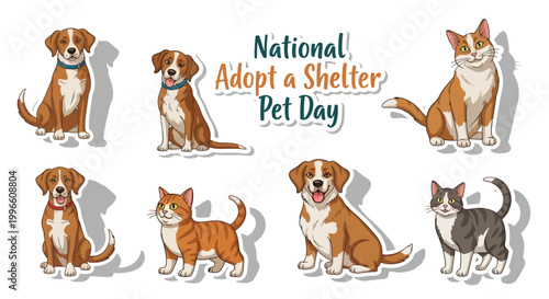 A cheerful vector illustration promoting Adopt a Shelter Pet Day features dogs and cats in various poses against a white background, with bright colors and a playful design to raise
