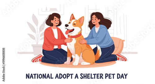Warm illustration celebrating Adopt a Shelter Pet Day, showcasing two smiling women gently petting an adorable dog wearing a red collar, set against a clean white background to promote