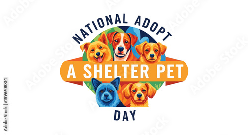 A vibrant vector illustration promoting National Adopt a Shelter Pet Day, showcasing assorted dog breeds in a colorful composition with a joyful mood, set against a clean white background