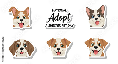 Adopt a Shelter Pet Day illustrations displayed as vector graphics against a clean white background, showcasing various cute dog faces in a flat lay composition to promote animal welfare