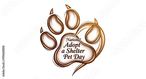 Stylized vector art promoting Adopt a Shelter Pet Day features a paw print design with flowing lines and warm color tones, set against a clean white background, emphasizing animal welfare