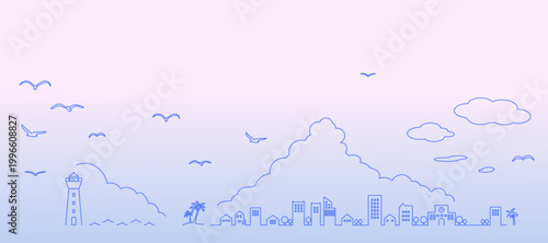 シンプルな夏の海辺の街並みのシルエットイラスト