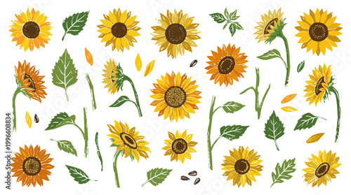 Collection of hand-drawn sunflowers in various stages of bloom and with green leaves, isolated on a white background, perfect for summer and nature designs
