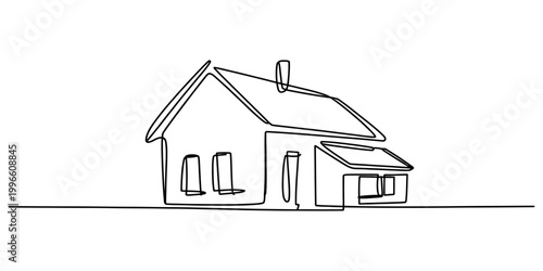 Simple house drawing made with one continuous black line showing a small residential home building with a chimney and roof Vector, illustration