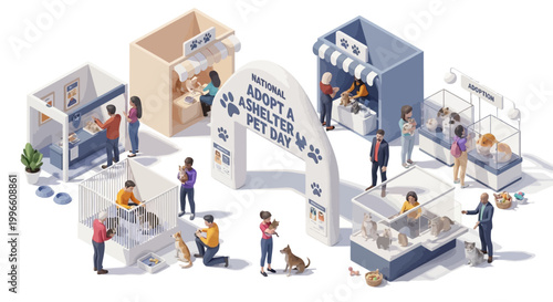 Isometric vector illustration of Adopt a Shelter Pet Day, showcasing people interacting with cats and dogs in adoption booths, with a clean, bright color palette, against a white