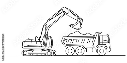 Black and white line art illustration of a heavy excavator loading dirt into a large dump truck for a construction site project work Vector, illustration