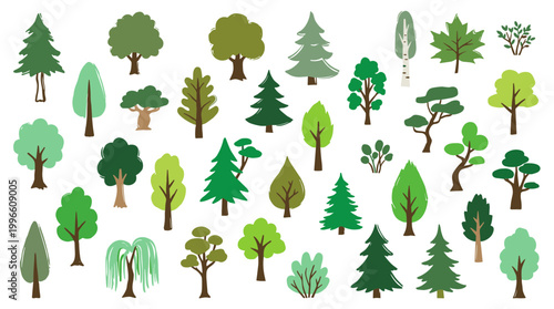 Diverse collection of stylized trees and plants in various green shades, representing nature and eco friendly concepts