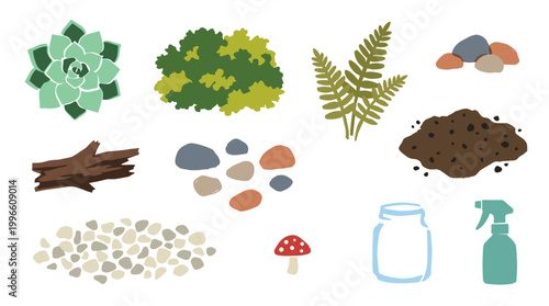 Collection of garden elements for terrarium creation including plants rocks soil wood and spray bottle for indoor gardening hobby