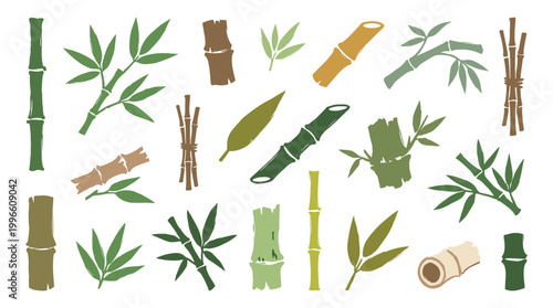 Collection of stylized bamboo stalks and leaves in various natural colors and textures, representing nature and organic design elements