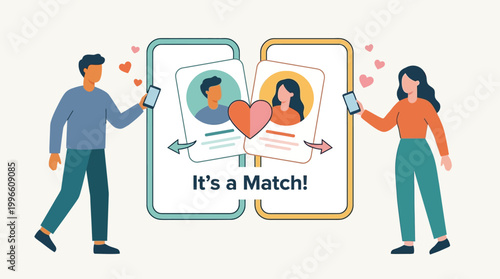 Online Dating App Match with Man and Woman Flat Vector Illustration