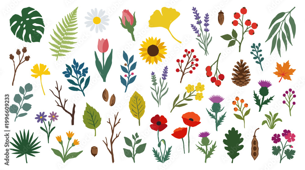 Obraz premium Vibrant collection of diverse botanical elements including leaves flowers and seed pods in a flat design style