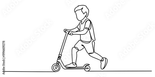 Little boy riding a kick scooter drawn with a single continuous line style for a simple minimalist creative art design illustration Vector, illustration