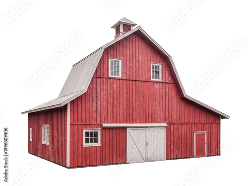 Fotografie A classic vibrant red barn with white trim, a durable metal roof, and prominent barn doors, perfectly isolated