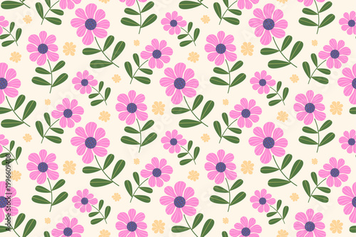 Seamless Pink Floral Pattern with Green Leaves and Small Flowers – Cute Retro Botanical Background