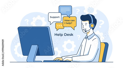 Man sitting at desk working on computer with help desk support