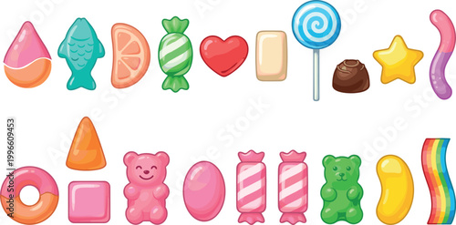 Set of Colorful Candy and Sweet Treats Vector Icons for Dessert, Confectionery, and Fun Designs