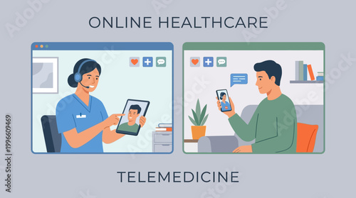 Online healthcare professionals consult patients remotely via telemedicine technology