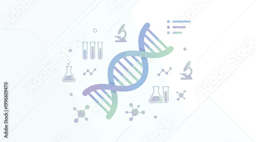 DNA helix structure illustration with science lab equipment and molecular symbols