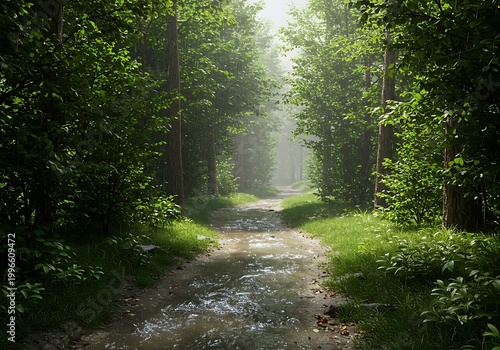Sun-Dappled Forest Path: A 3D Render