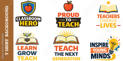 Proud teacher quote collection set with education themed icons and school vector imagery.