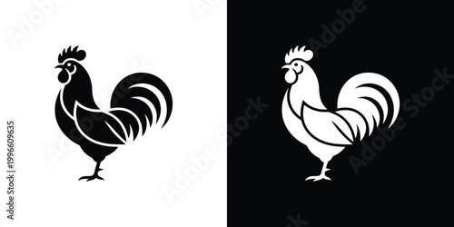 Black and white rooster silhouettes on contrasting backgrounds chicken