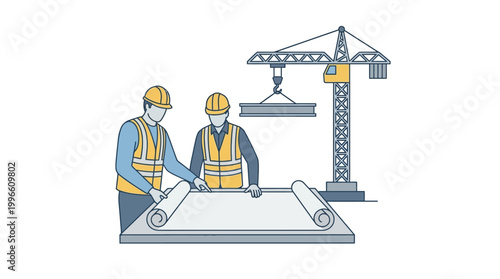 Two construction workers review plans with a crane in the background on a site