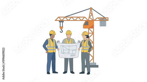 Three construction workers standing near a crane reviewing blueprints on a building site
