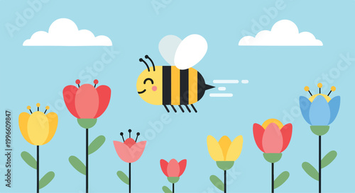 Quadro em tela A smiling bee flies among colorful flowers and clouds