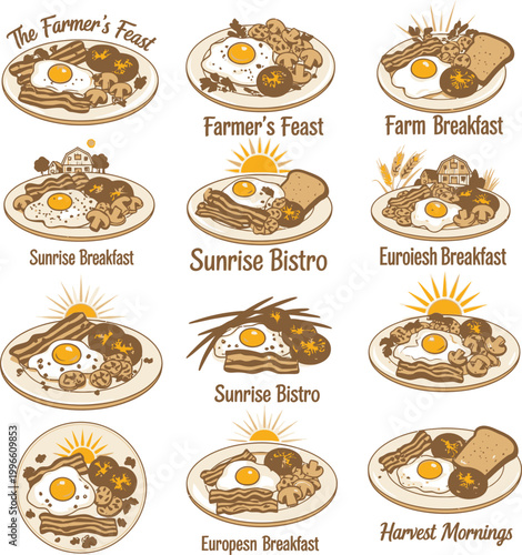 Variety of breakfast plates with eggs.