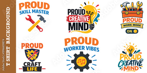 Skilled craft worker and creative mindset badge set featuring tools lightbulbs and gears.