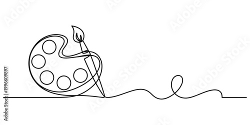 Continuous single line drawing of an artist paint palette and a brush for creative design projects and digital art illustration Vector, illustration
