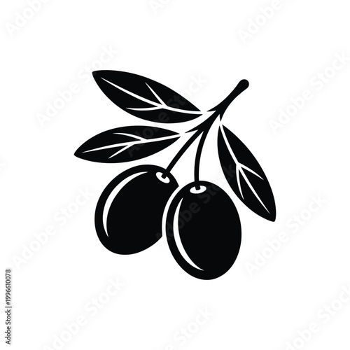 Black silhouette of two olives on a branch with leaves