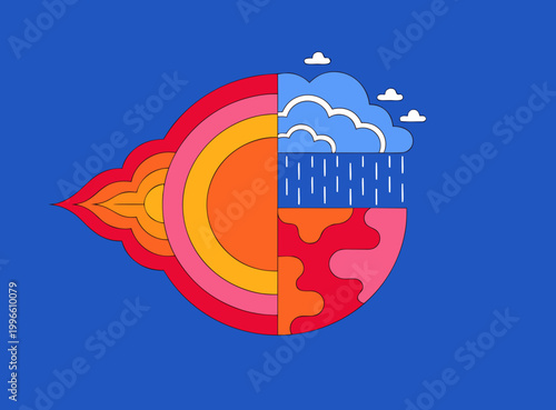 Minimalist illustration of forecast weather climate change concept depicting divided planet earth with sun, rain, and abstract elements on a blue background