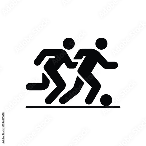 Black silhouette of two soccer players competing for the ball football stick figures