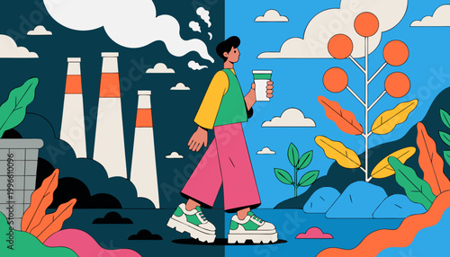 Person walking between contrasting environments of cigarette smoke and fresh greenery, holding a beverage, with industrial smokestacks visible in the background. Smoking quit concept