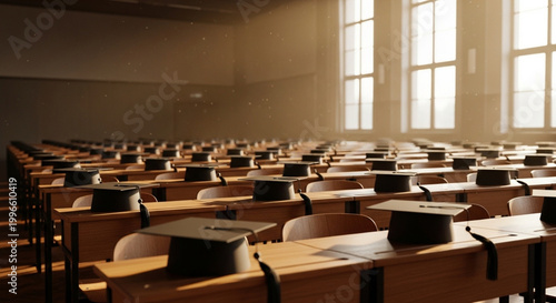 Empty classroom with wooden desks and chairs