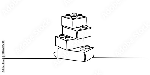 Continuous single line drawing of a stack of plastic building toy bricks for kids creativity and education concept design style Vector, illustration