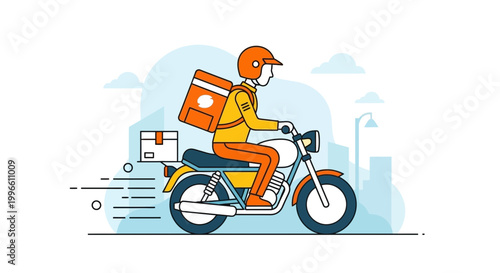 Fast Motorcycle Delivery Service Rider with Package and Backpack
