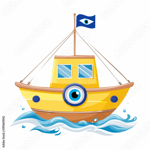 Cartoon yellow boat with evil eye symbol on flag and hull