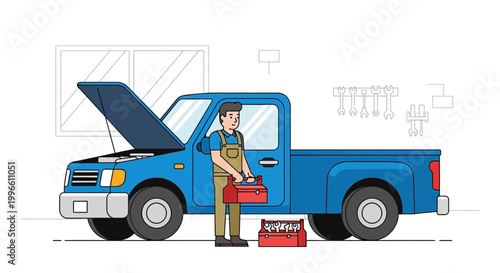 Mechanic fixing blue pickup truck in garage, tools, workshop, auto repair concept