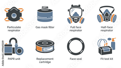 Collection of respiratory protection equipment icons: masks, filters, PAPR, and testing kit