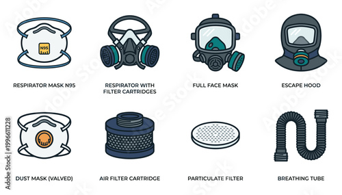 Collection of various respiratory protection masks and components for safe breathing